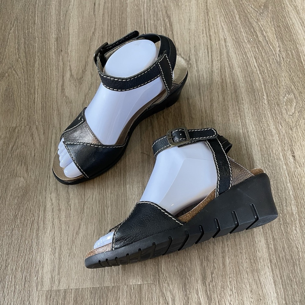 Fly London 8.5/39 Black Bronze Leather Wedge Ankle Strap Open Toe Sandal